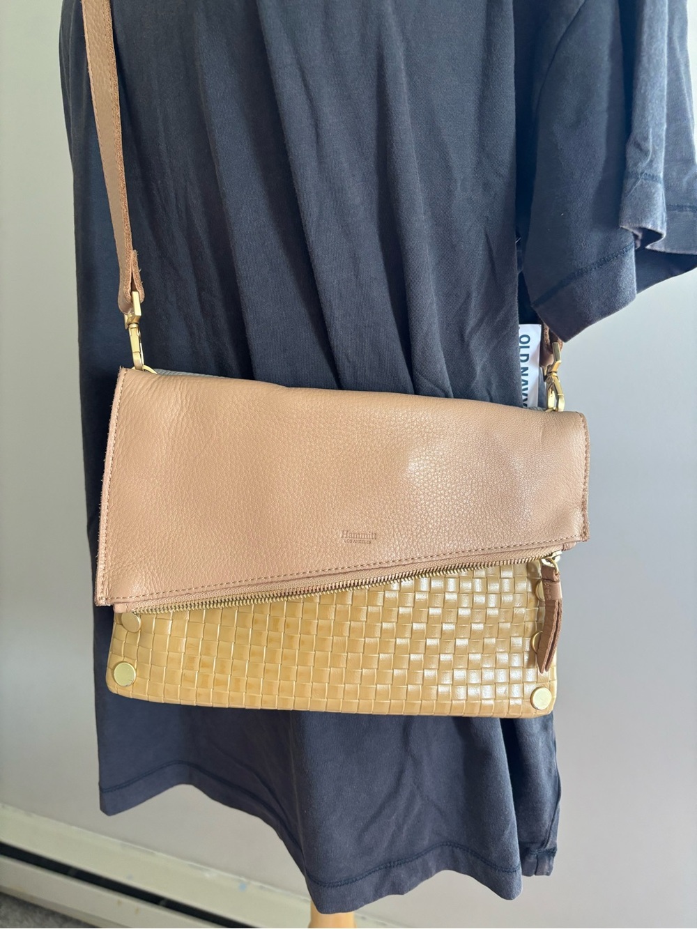 Hammitt Dillon woven Leather Fold-Over Crossbody Bag in Taupe and Tan